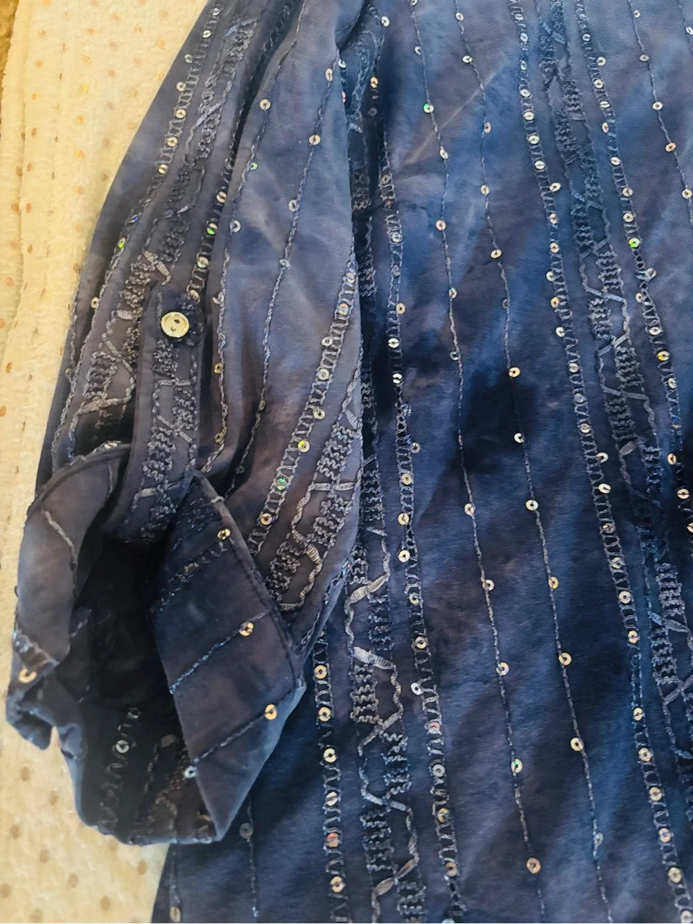 Navy blue Sequin Button-Front Tie-Hem Long Sleeve Blouse - Picture 3 of 7